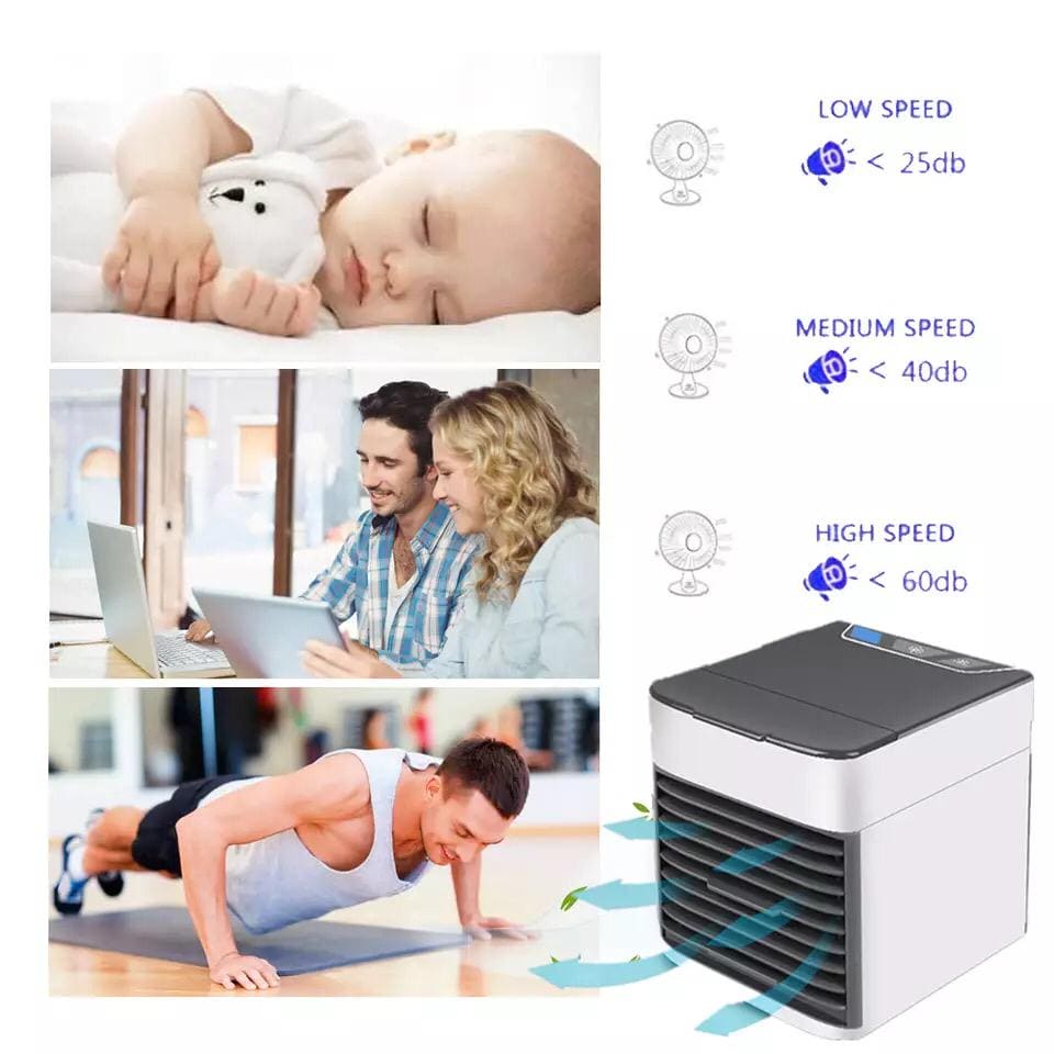 Mini USB Air Conditioner, Rechargeable Air Cooler With 3 Speeds, 7 LED Lights & Evaporative Humidification Mini USB Air Conditioner, Rechargeable Air Cooler With 3 Speeds, 7 LED Lights & Evaporative Humidification
